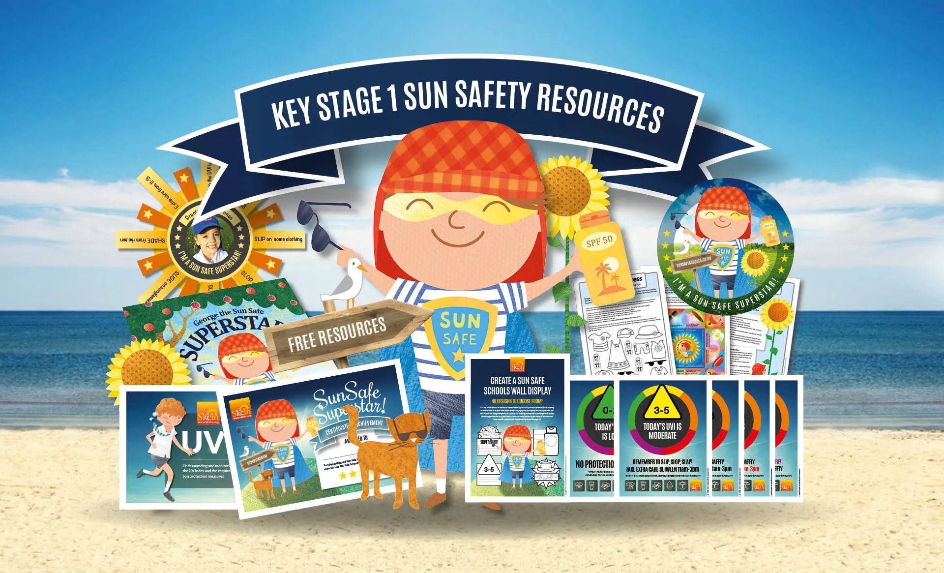 sun safe superstar surrounded by the resources provided for learning about sun safety